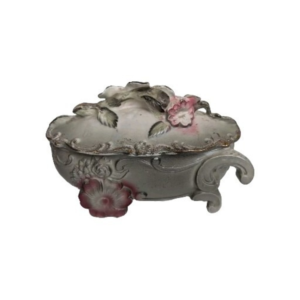 Vintage Made in Japan Porcelain Trinket Box Applied Pink Flowers Footed Jewelry